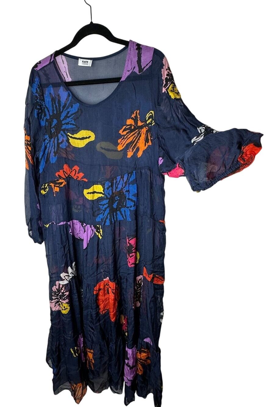 Kate by Laltramoda Sheer Navy Multi Floral Boho Midi Dress 3/4 Sleeve Large